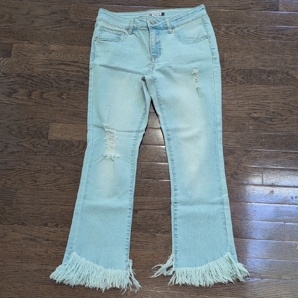 Light Blue Distressed Denim Cropped Flare Jeans Size 7 Waist 15" - Picture 2 of 10